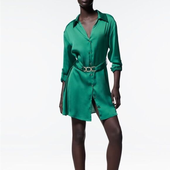 Zara Belted Satin Effect Shirt Dress Green S NWT - Picture 1 of 12